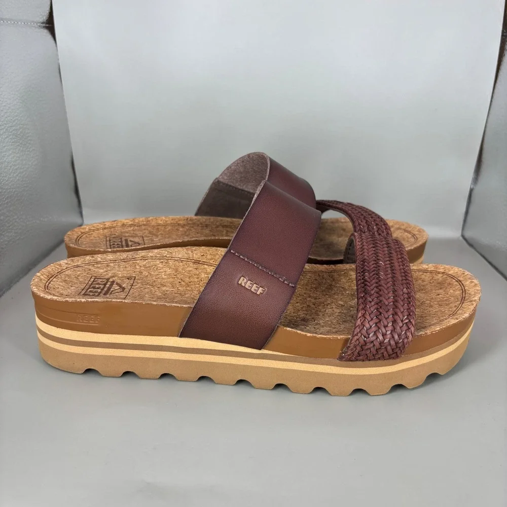 Reef Cushion Vista Hi Brown Braided Platform Sandals Womens Size 9 Slides